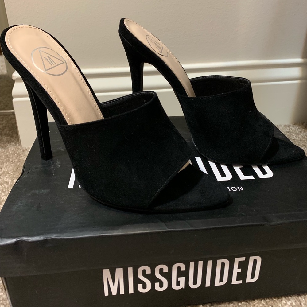 Black Faux Suede Peep Toe Mules
